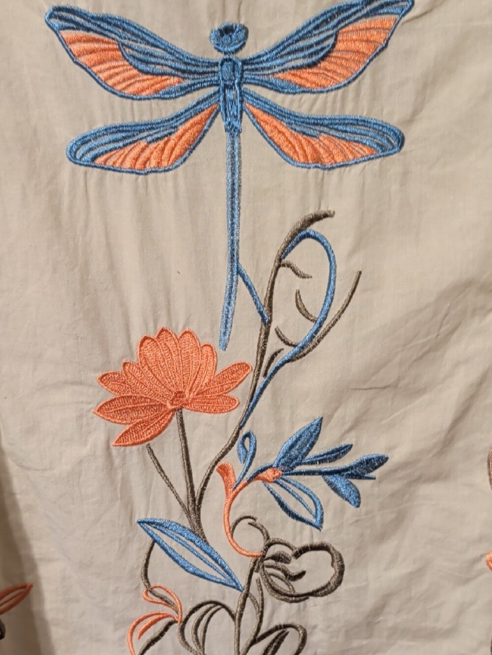 Cream Embroidered V-Neck Tunic with Coral & Blue Dragonfly - Picture 3 of 8